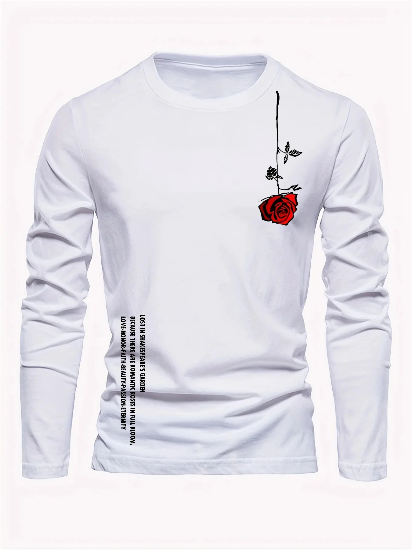 100% pure cotton men's long sleeved round neck loose casual rose letter printed spring and autumn versatile T-shirt top