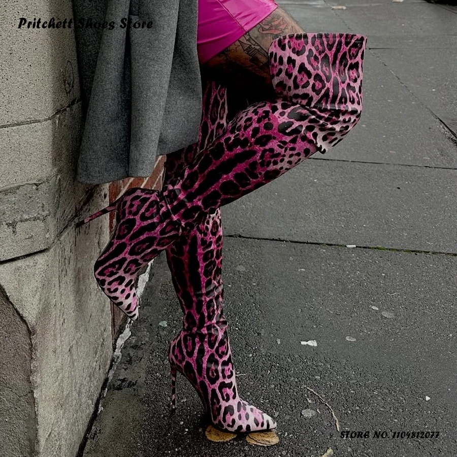 

Women's Leopard Print Stretch Boots Spring Autumn Nightclub Bars Pole Dance Shoes Pointed Toe Thin Heels Over-the-knee Boots