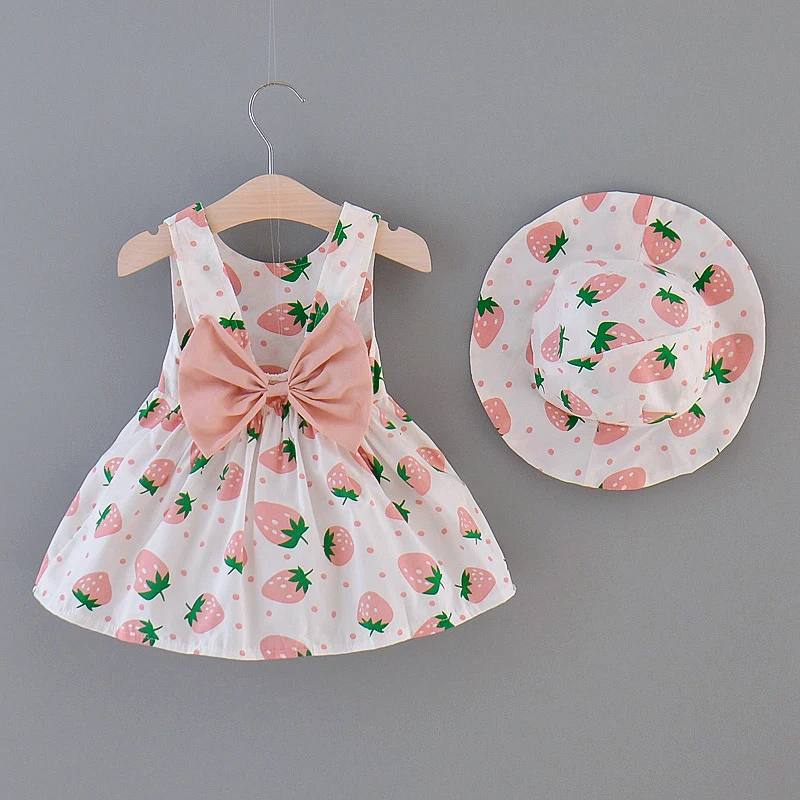 Summer Children\'s Dress Cotton Bow Sleeveless Girl Dress 0-3 Year Old Strawberry Print Baby Dress