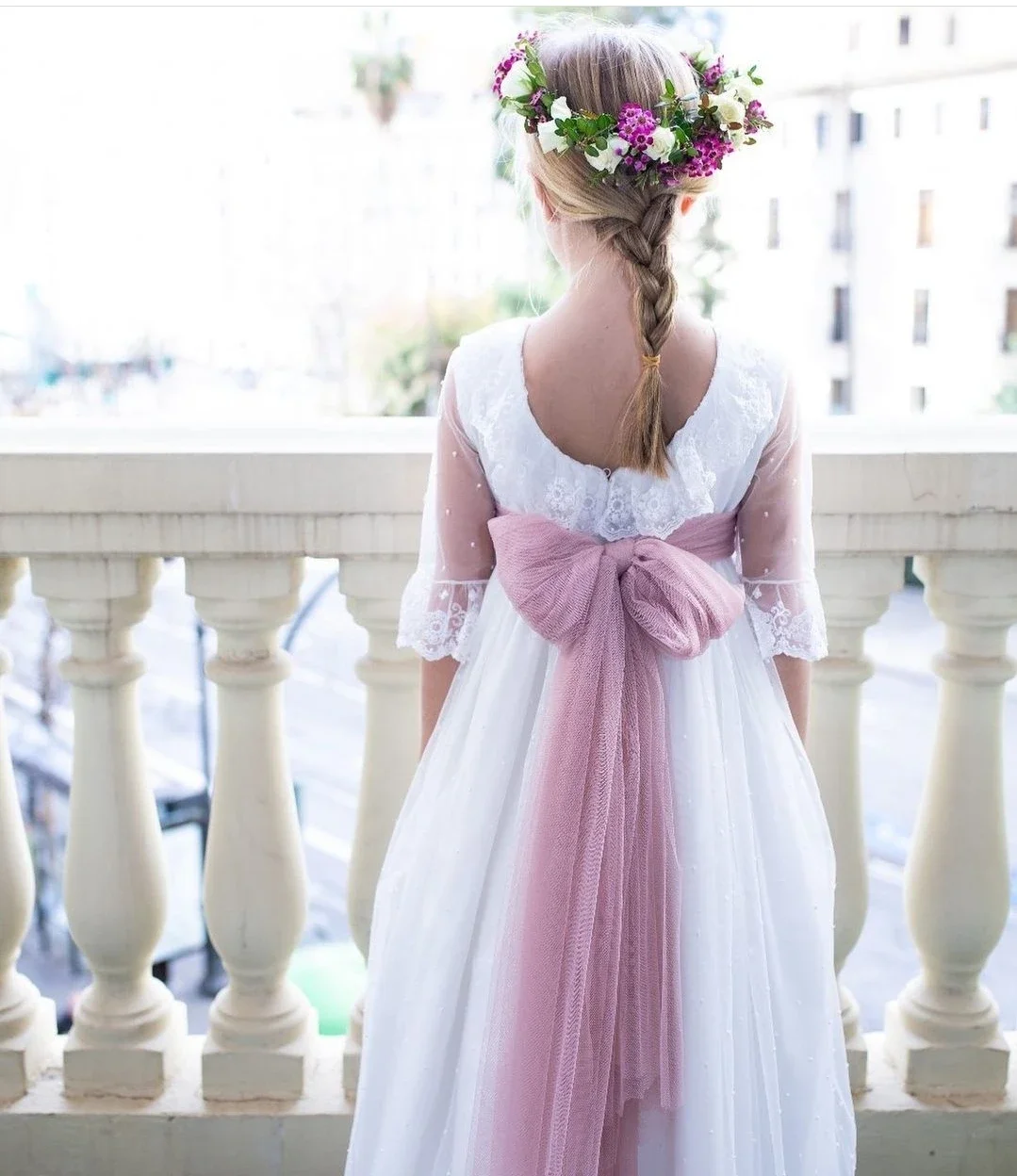 

Communion Dress Embroidered Tulle Dress With Illusion Lace On The Neck And Sleeves Round Back Flower Girl Gown Party