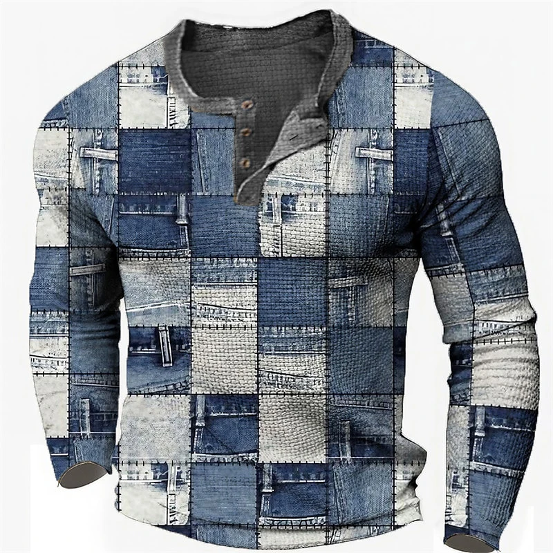Patchwork Denim Vintage T-Shirt For Men Patchwork Grid Graphic T Shirts 3D Printing Long Sleeve Tee Oversized Man Clothing Tops