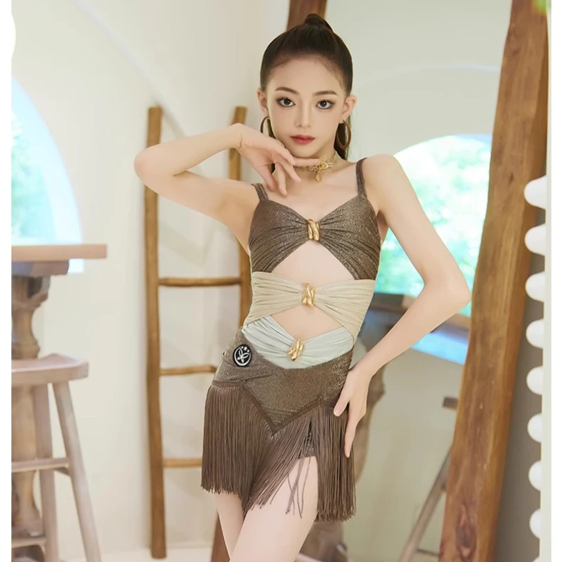 ชุดเต้นแทงโก้แบบสั่งตัดระดับไฮเอนด์ ชุดเต้นลาตินสำหรับเด็กผู้หญิง ประดับเพชรและพู่ห้อย ชุดแข่งขันระดับมืออาชีพ สำหรับผู้ใหญ่และเด็ก