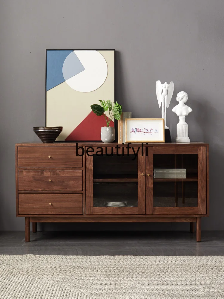 

Nordic solid wood dining side cabinet simple double door black walnut light luxury multi-functional locker