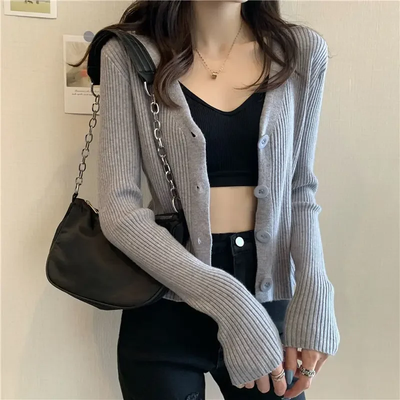 Woman Sweaters Cardigan V-neck Knitted Cardigan Sweater Coat Women\'s Autumn Outer Wear White Long-Sleeved Top Sueters De Mujer