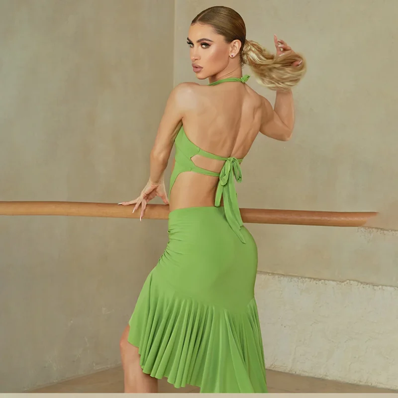 Female Sexy Halter Neck Latin Dance Dress Professional Latino Competition Costumes Cha Cha Samba Rumba Belly Dancewear 25031
