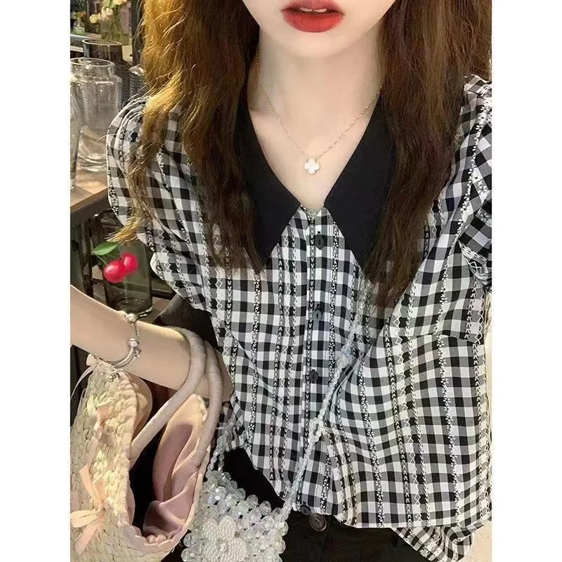 

Женская рубашка в клетку с эффектом похудения, с коротким рукавом-фонариком, воротником «Питер Пэн», во французском стиле, летняя, модная, повседневная, универсальная.