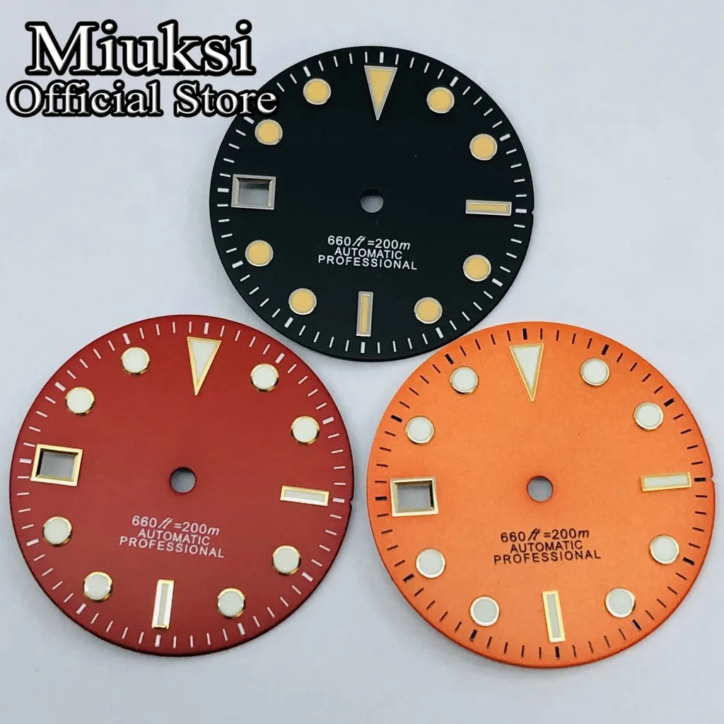 Miuksi 29mm black green blue red orange watch dial luminous 9 o\'clock date fit NH35 movement