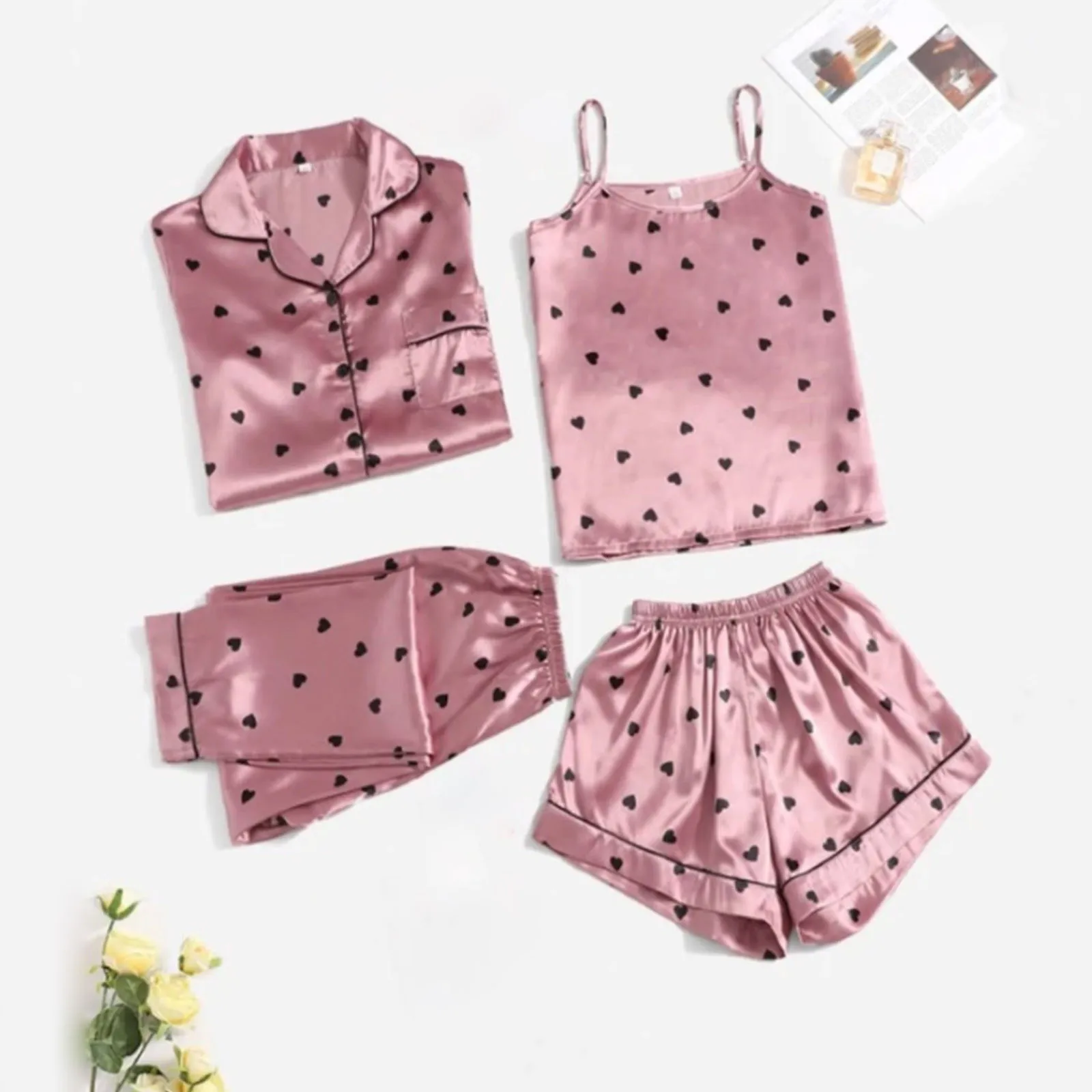 Frauen schlanke Pyjamas Home Anzug Flamingo Print Mode vierteiliges Set für alle Jahreszeiten Lounge wear Sommer Hosenträger Tops Shorts