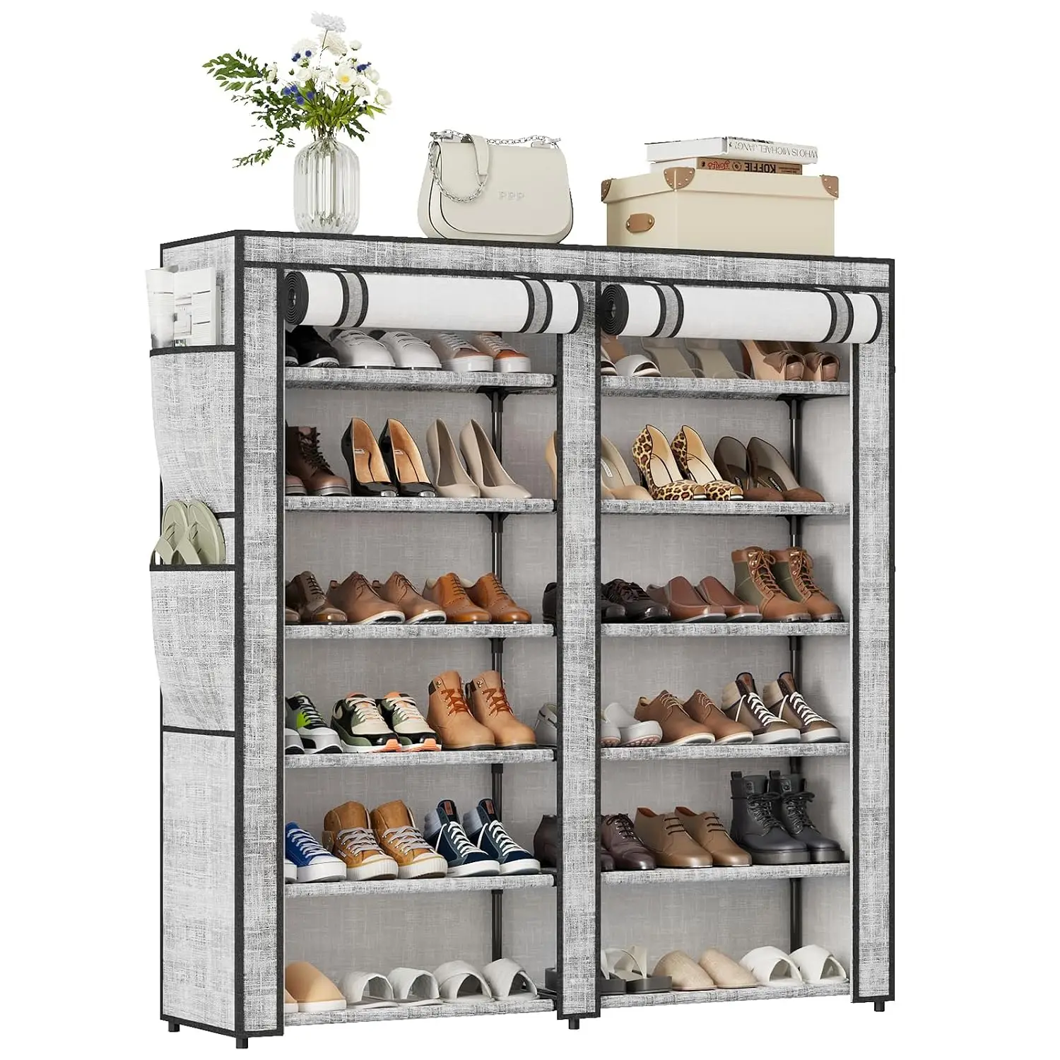 Shoe Rack with Cover, Shoe Rack with 4 Side Pockets, 6 Tier Shoe Organizer Holds 30-40 Pairs Shoes and Boots, Shoe, Customized