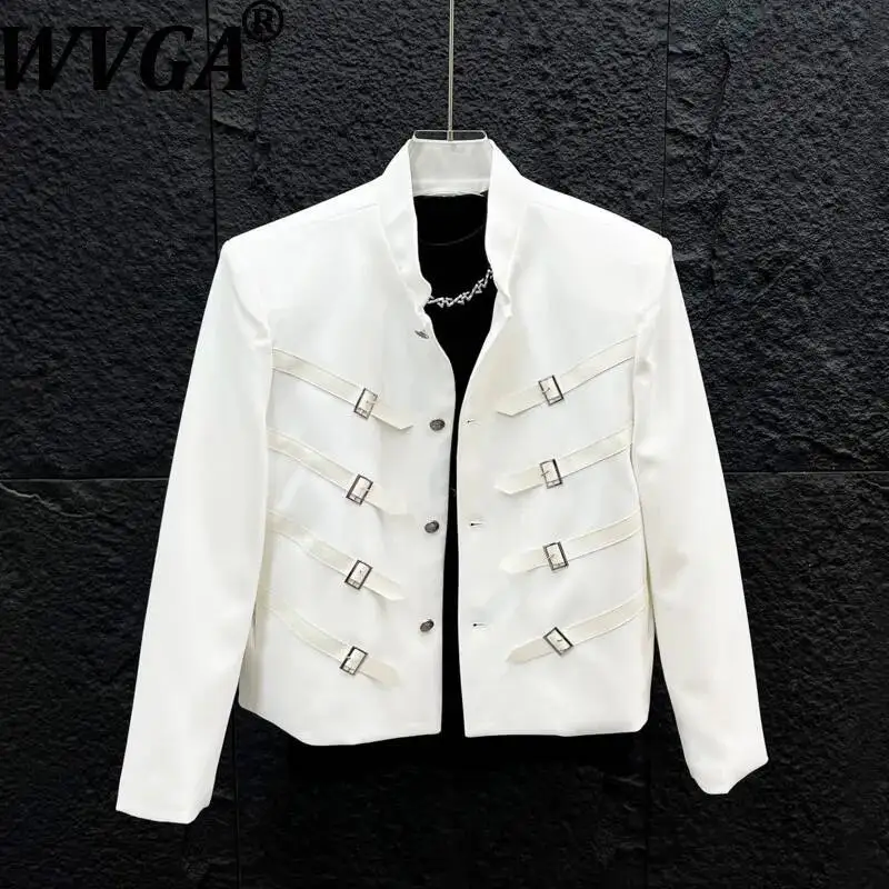 WVGA Spring Autumn New Men Patchwork Deconstructed Design Stand-up Collar Jacket Light Luxury Metal Leather Buckles Coats W25569