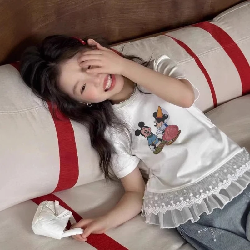 

Girls' Cotton Short Sleeve Lace Tee, Summer Thin Children's Stylish Top, Cute Baby's Blouse & Floral Trim Shirt