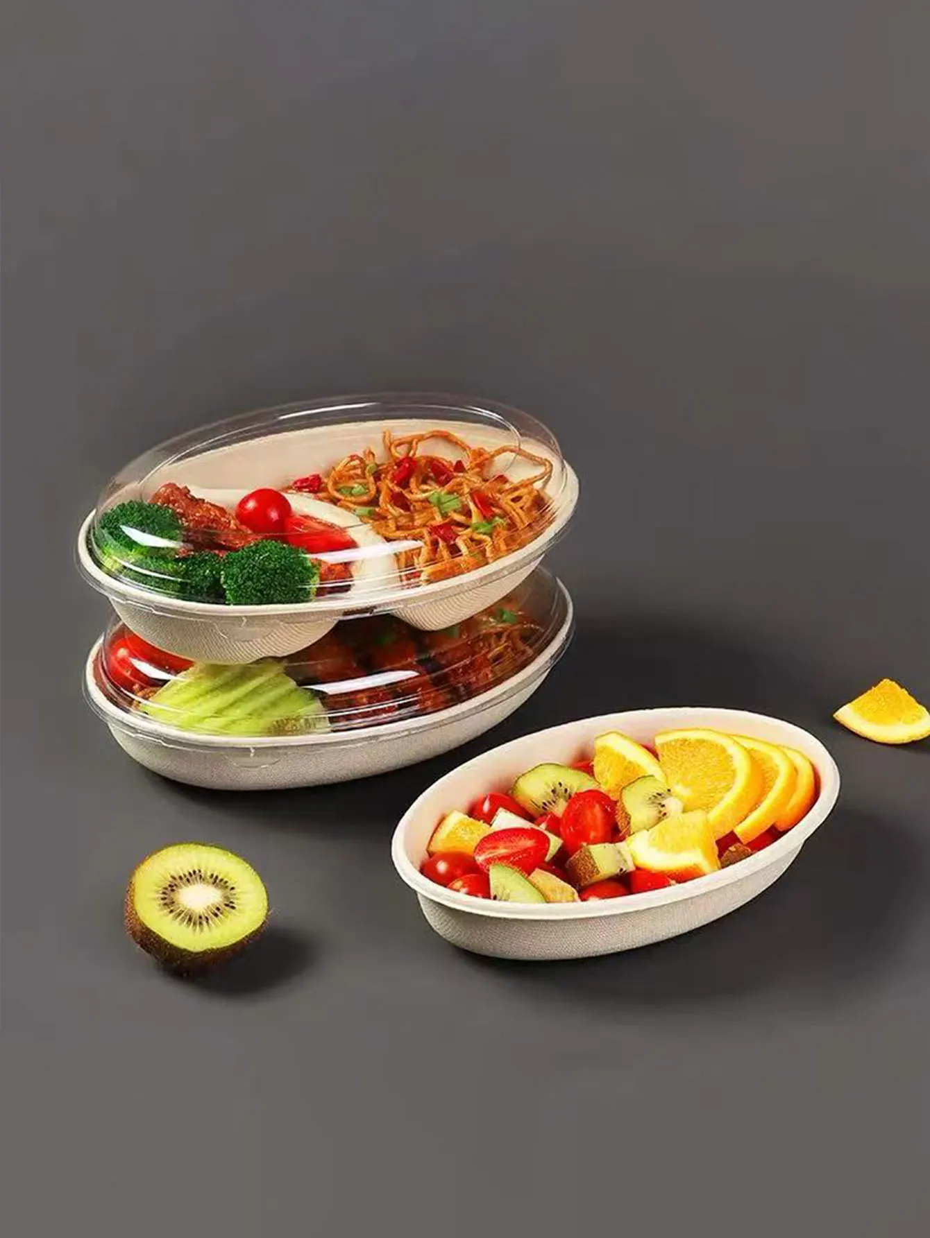 Oval Bowl Disposable Pulp Paper Eco-Friendly Biodegradable Light Food Salad Dessert Box with Lid Fitness Meal Takeaway Box 10Pcs
