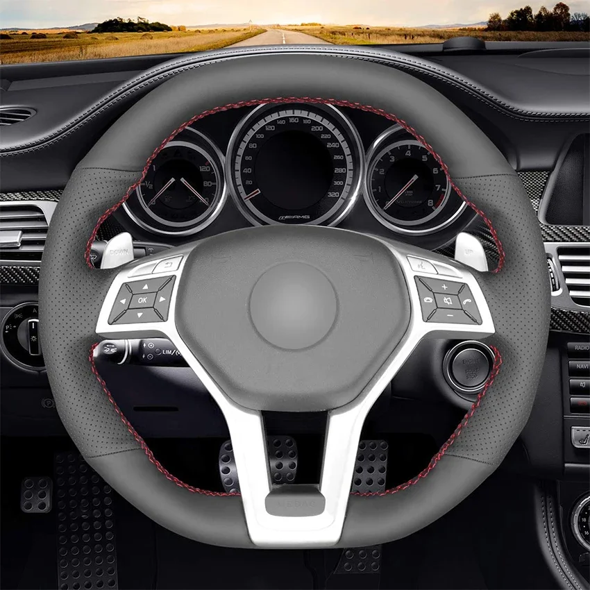 Hand-stitched Black  Leather Car Steering Wheel Cover for Mercedes-Benz A 45 AMG 2013-2015 CLA 45 C 63 AMG CLS 63 AMG