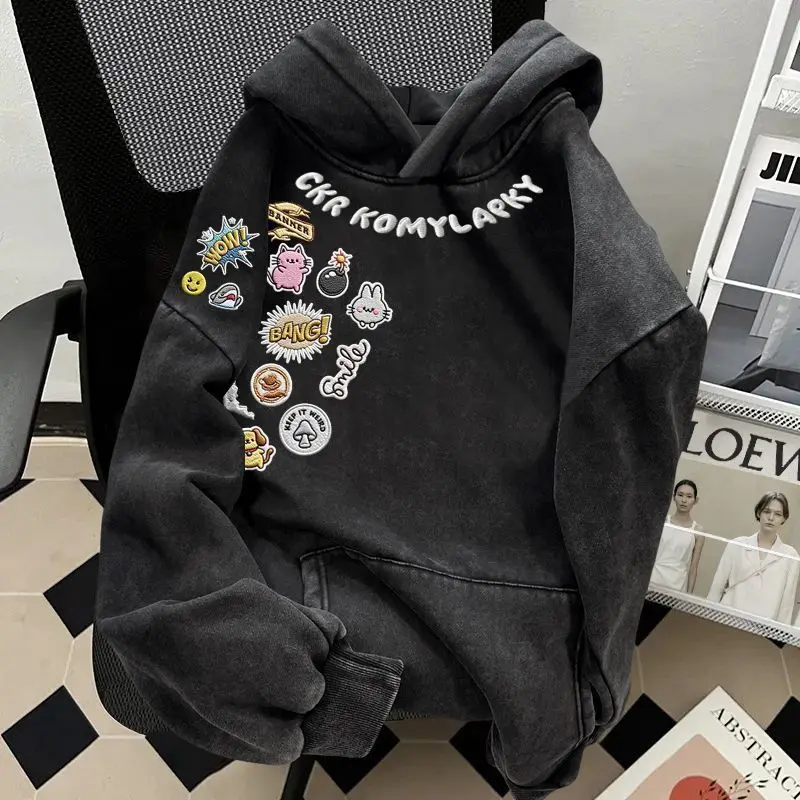 

Мужская толстовка из чистого хлопка большого размера 300 Pou fiti Sle, осенне-зимняя, винтажная, черная, уличная, повседневная, в стиле свитшота