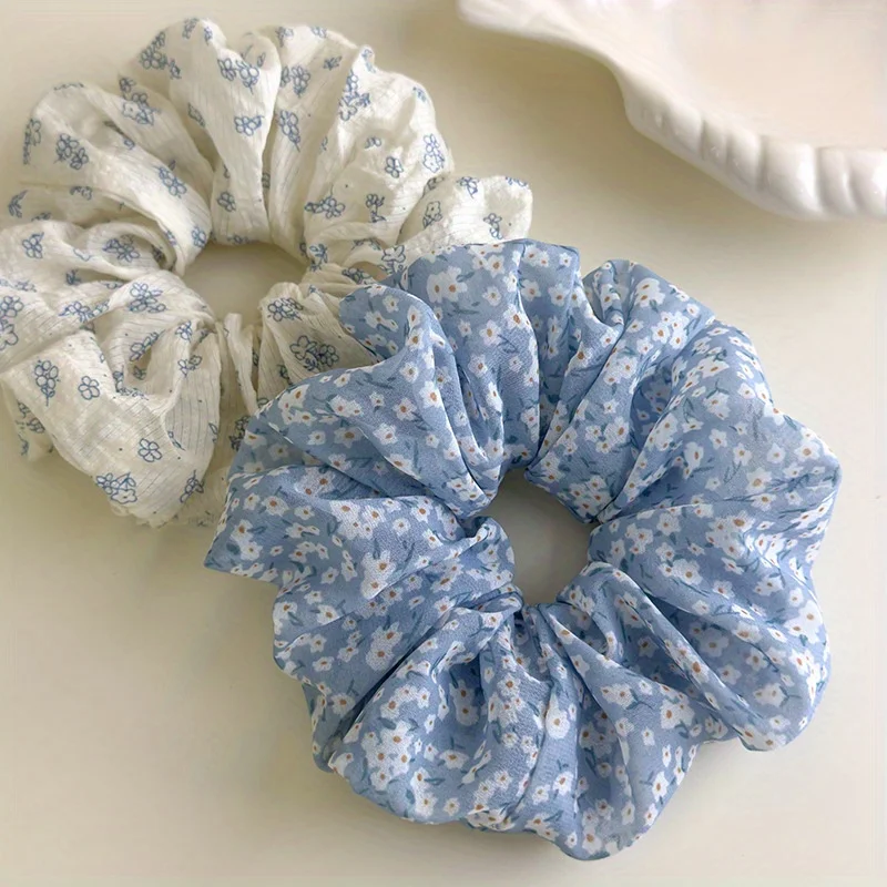 ربطة شعر منعشة ورقيقة باللونين الأزرق والأبيض بطبعة زهور الأقحوان، ربطة شعر متينة ومرنة للغاية، لطيفة على إكسسوارات الشعر #1
