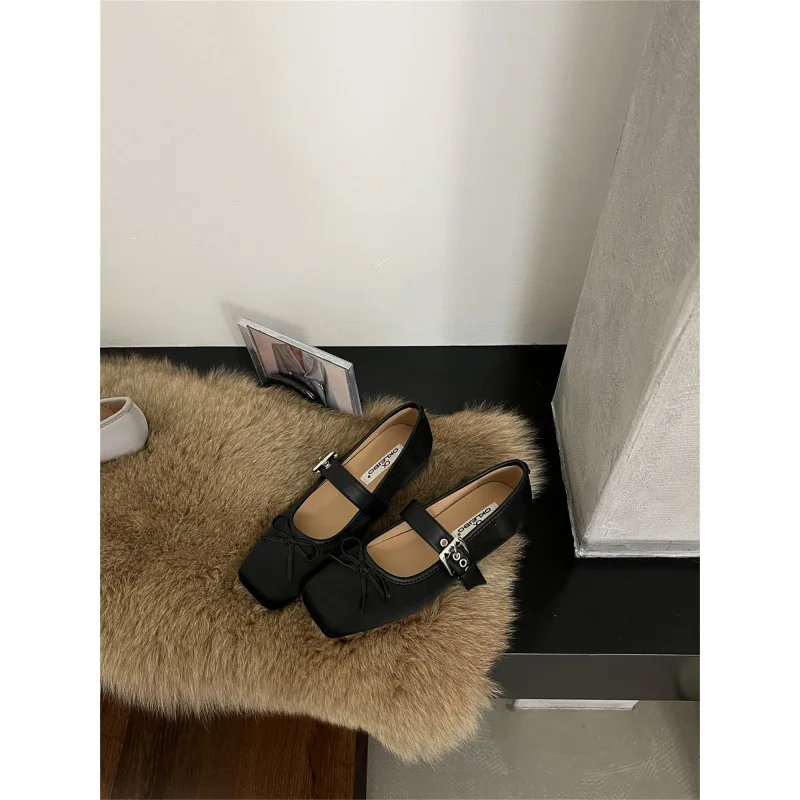 Low Heels Grandma Shoes Riband Female Footwear Square Toe Autumn Bow-Knot Dress Fall New Comfortable Butterfly Rome PU Rubber Si