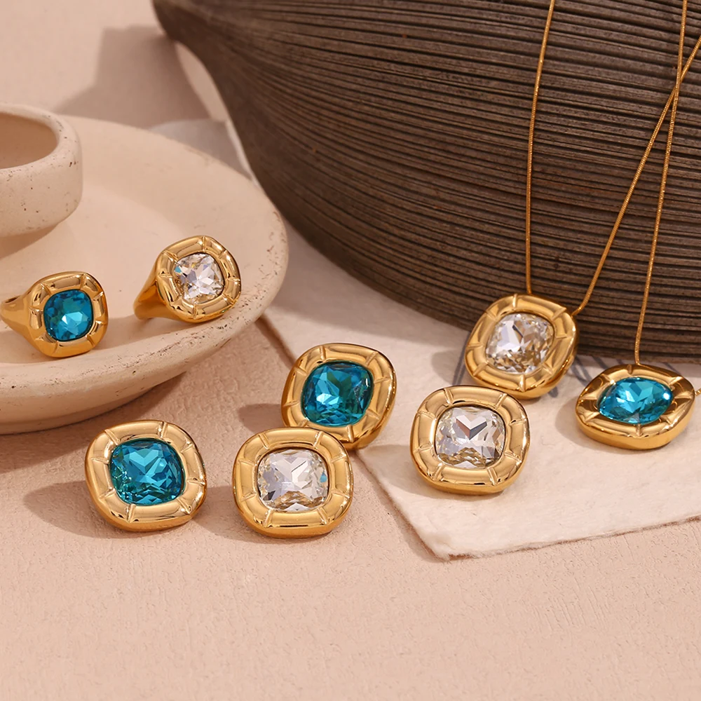 E.B.belle Colorful Zircon necklace for women Square zircon earrings Sparkling Rings Jewelry set Stainless steel premium jewelry