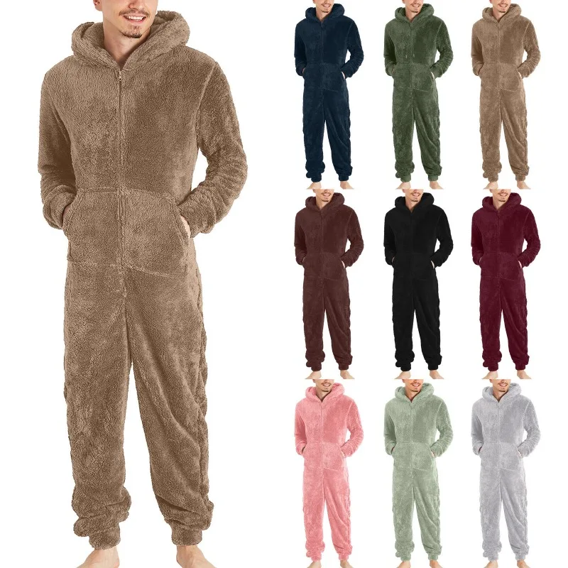 Hot Selling Men\'s Zipper Warm Plush Thermal One-piece Pajamas for Couples Pajama Man Sleepwear Sleeping Sexy Lingerie Jump Suit