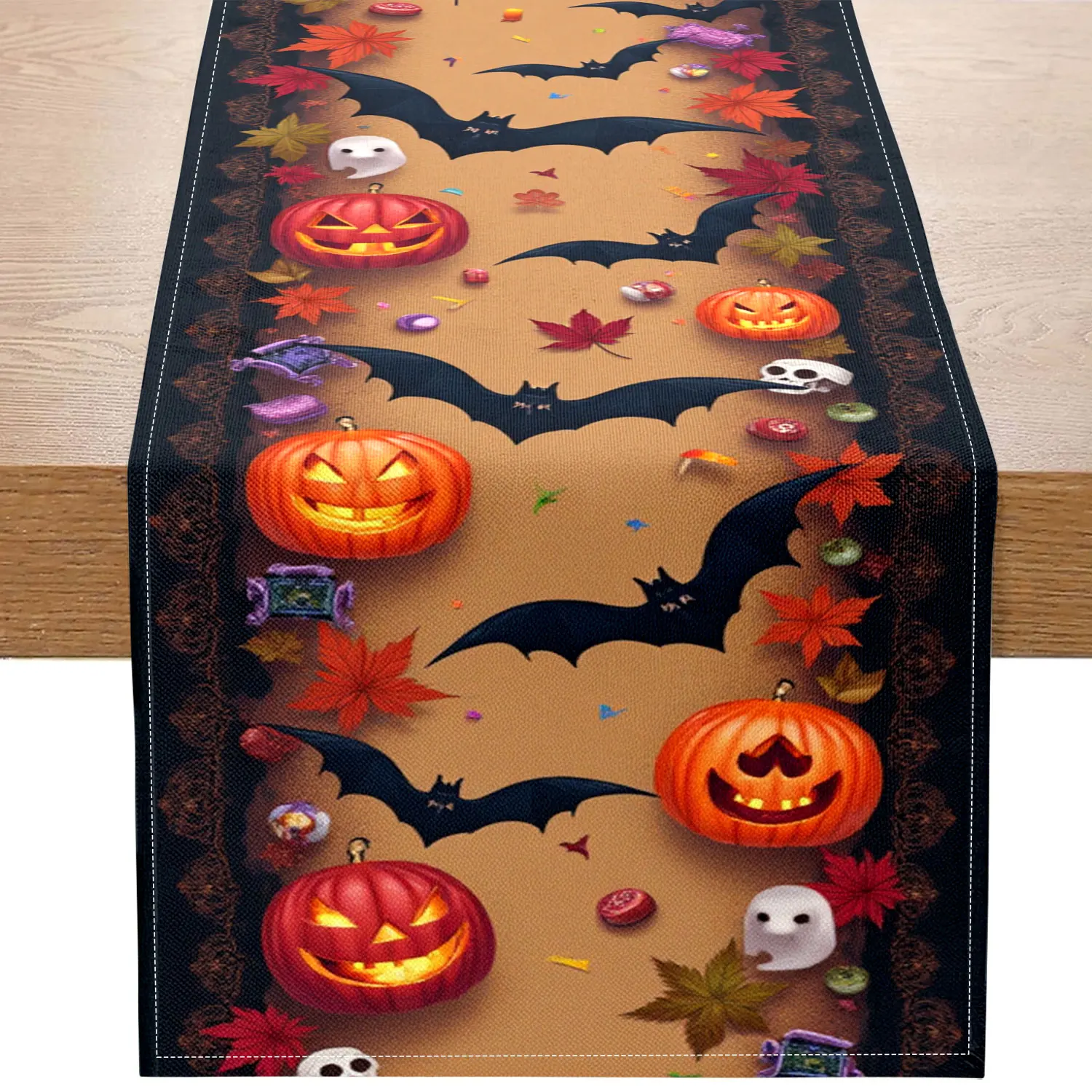 

1 Piece of Halloween-Themed Table Runner with Patterns of Pumpkins, Bats, Ghosts, Etc., Suitable for Halloween Parties and Holiday Decorations
