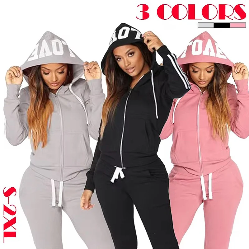 New Spring Autumn Women Hoodies Zipper Outfits Fashion Jogging 2 Pieces Set Solid Color Slim Fit Women’s Sportswear Hoodie Suits