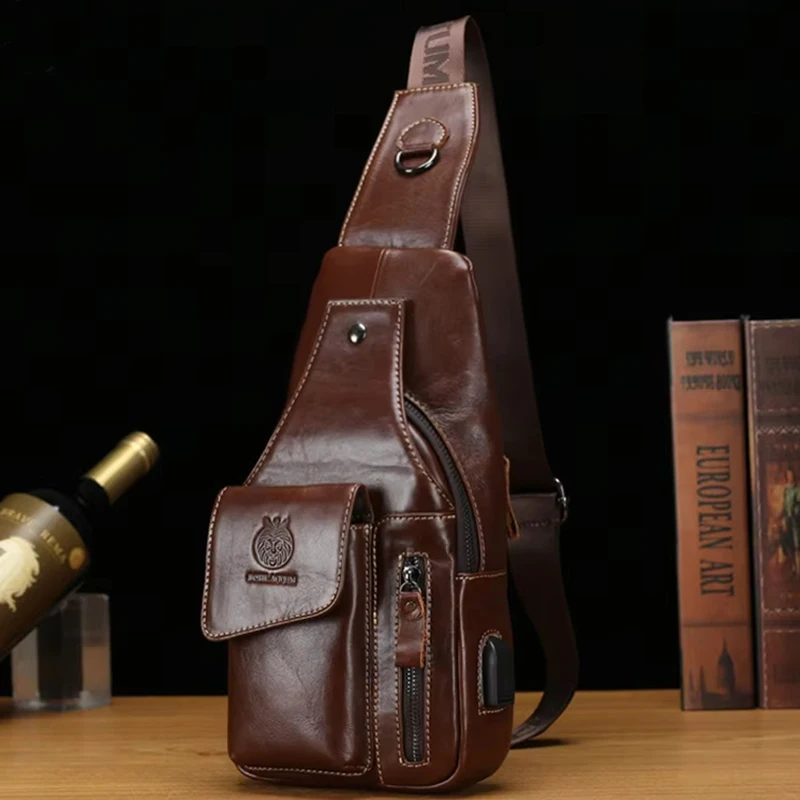 

100% Genuine Leather Chest Bag Men's Fashion Shoulder Messengere Bag Business Large Capacity Multifunctional Bag