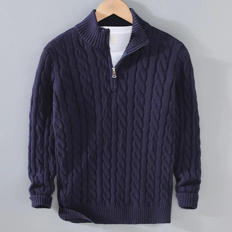 Masculino meio zíper gola alta camisola grossa malhas outono inverno moda cor sólida torcido negócios casual malha pulôver