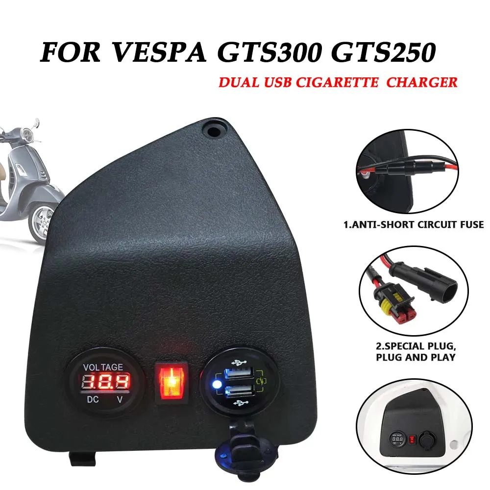 Motorcycle Cigarette Lighter Adapter Voltmeter Plug Dual Phone USB Port Charge For VESPA GTS300 GTS 50 125 150 250 300 GTV HPE