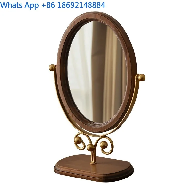 Vintage Bedroom Desktop Mirror Solid Wood Home Desktop Wooden Chinese Style Standing Rotatable Vanity Mirror