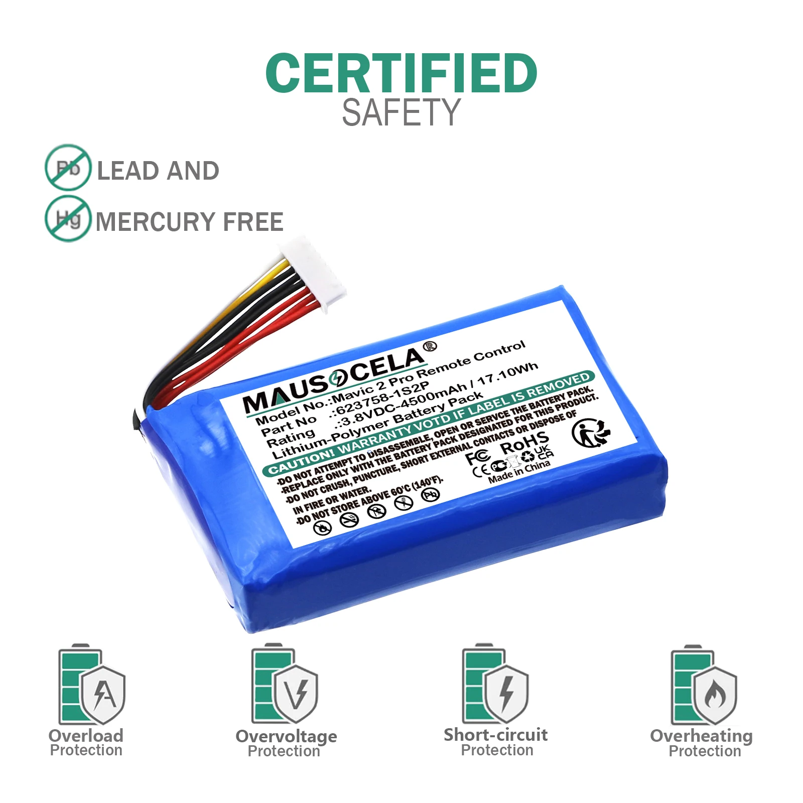 Replacement Remote Controller Battery For DJI:Mavic 2 Pro Remote Control,623758-1S2P,4500mAh / 17.10Wh,Li-Polymer,3.80V