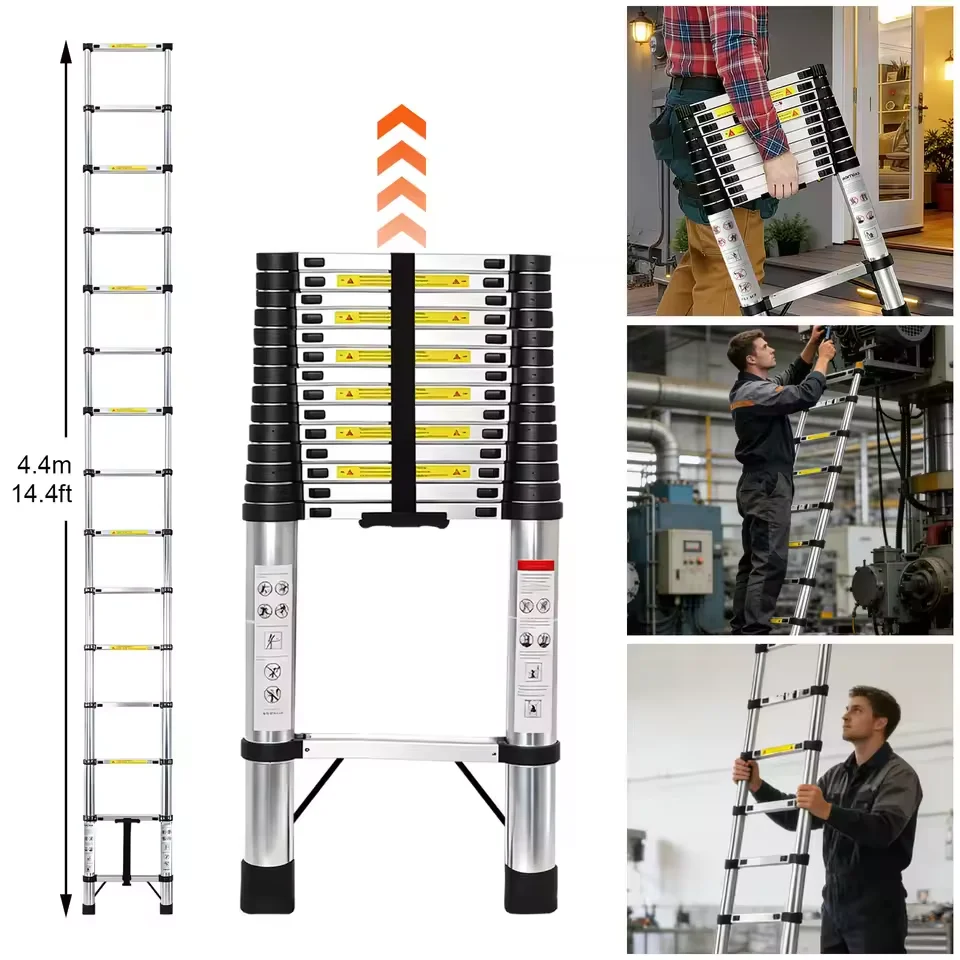 6,3M Telescopische Ladder Roestvrij Staal Opvouwbare Draagbare Verlengladder 150KG Draagvermogen EN131 Antislip Met Haken Voor Thuis- en Campergebruik