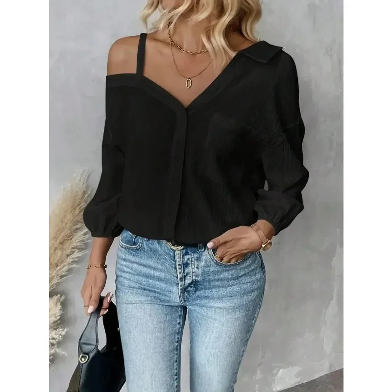 حجم كبير بلوزات النساء قميص أعلى مكتب سيدة واحدة الصدر قبالة الكتف جيب غير المتكافئة الإناث قميص غير رسمي