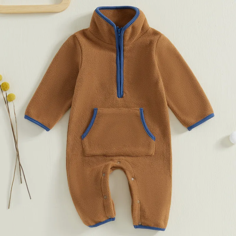 0 to 12 Months Baby Boy Fleece Romper Autumn Winter Clothes Long Sleeve Stand Collar Pockets Plush Overalls with Zipper