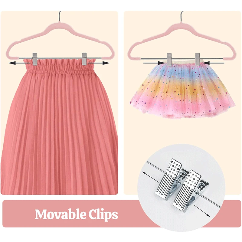 1pcs Non-Slip Clothes Hangers with Movable Clips Velvet Ultra Thin No Slip Rack Skirt Pants Velvet Hangers for Home Travel Pink