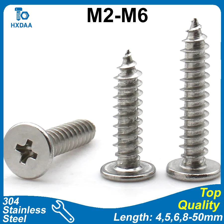 304 Edelstahl Phillips Senkkopf-Flachkopfschraube, extra breit, dünn, M2 M2.3 M2.6 M3 M3.5 M4 M5 M6