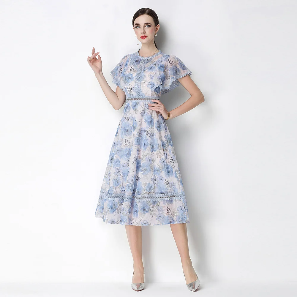 

Vintage High-End O-Neck Short Sleeve Ruffle Lace Hollow Out Dress For Women's Summer Slim Elegant Long Dress Female Clothing