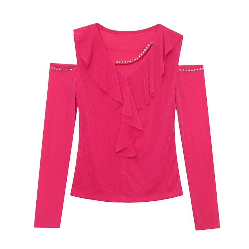 T-shirt Ele Long Sve V-Ne con perline da donna Summer Faion Street Sle Me under irt Top base con orlo in pizzo floreale