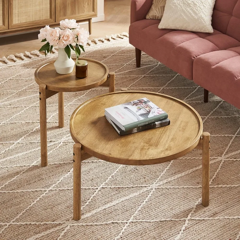 

Dylan Coffee Table, Small Round Coffee Table Set, 2 Piece Solid Wood, Boho, Farmhouse, Rustic, Modern, Circle, Living Room