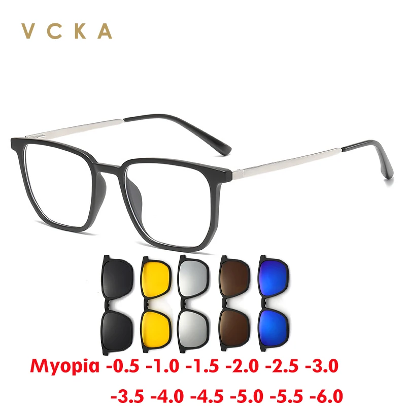 

VCKA Myopia Magnetic Clip Sunglasses Women Glasses Frame Men Optical Prescription Eyeglasses Rectangle Polarized -0.5 TO -6.0