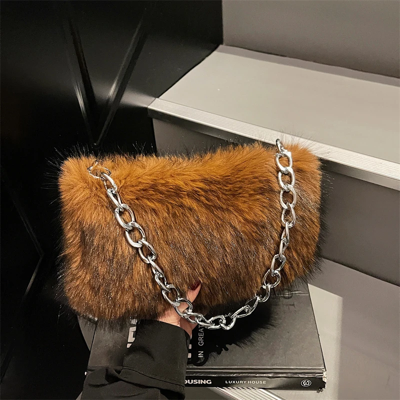 Bolso de hombro Chian a la moda para mujer, bolso de felpa de invierno 2025, bolso de compras de tendencia para axilas, bolso de mano de piel sintética de lujo, bolso bandolera para axila