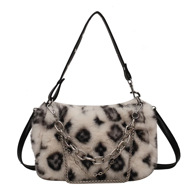 new leopard print plush chain Baguette bag casual soft shoulder underarm crossbody bag winter bag