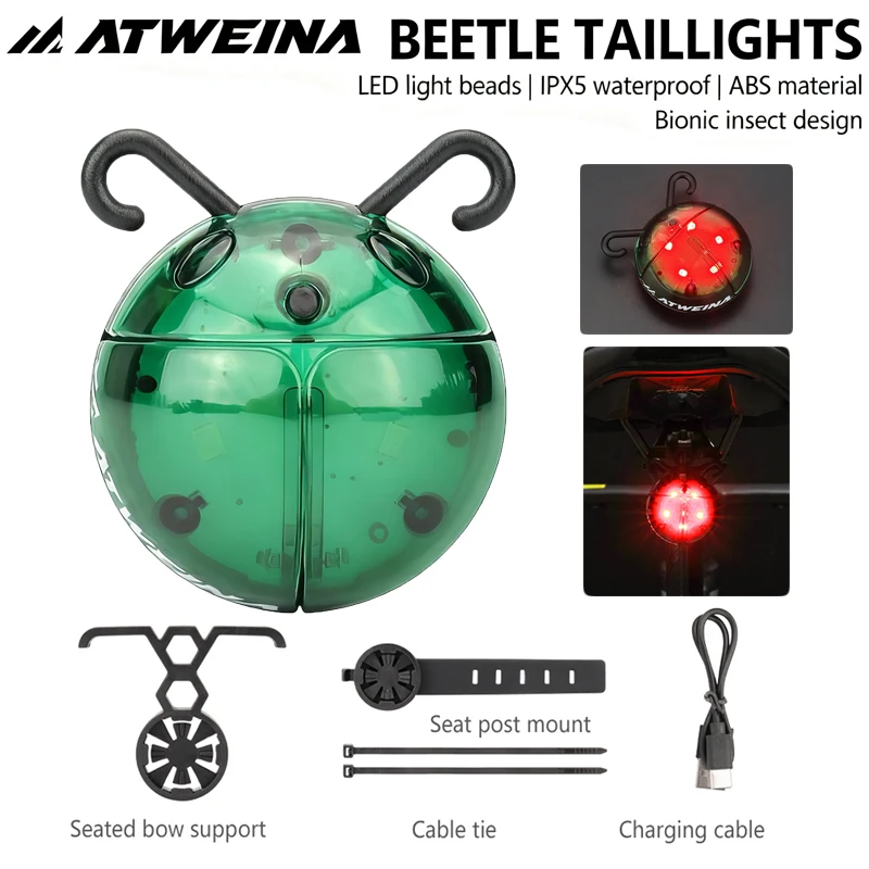 

ATWEINA Bionic Beetle Bike Tail Light IPX5 Waterproof Type-C Rear Light with Dual Mount Modes Cycling Safety Flash