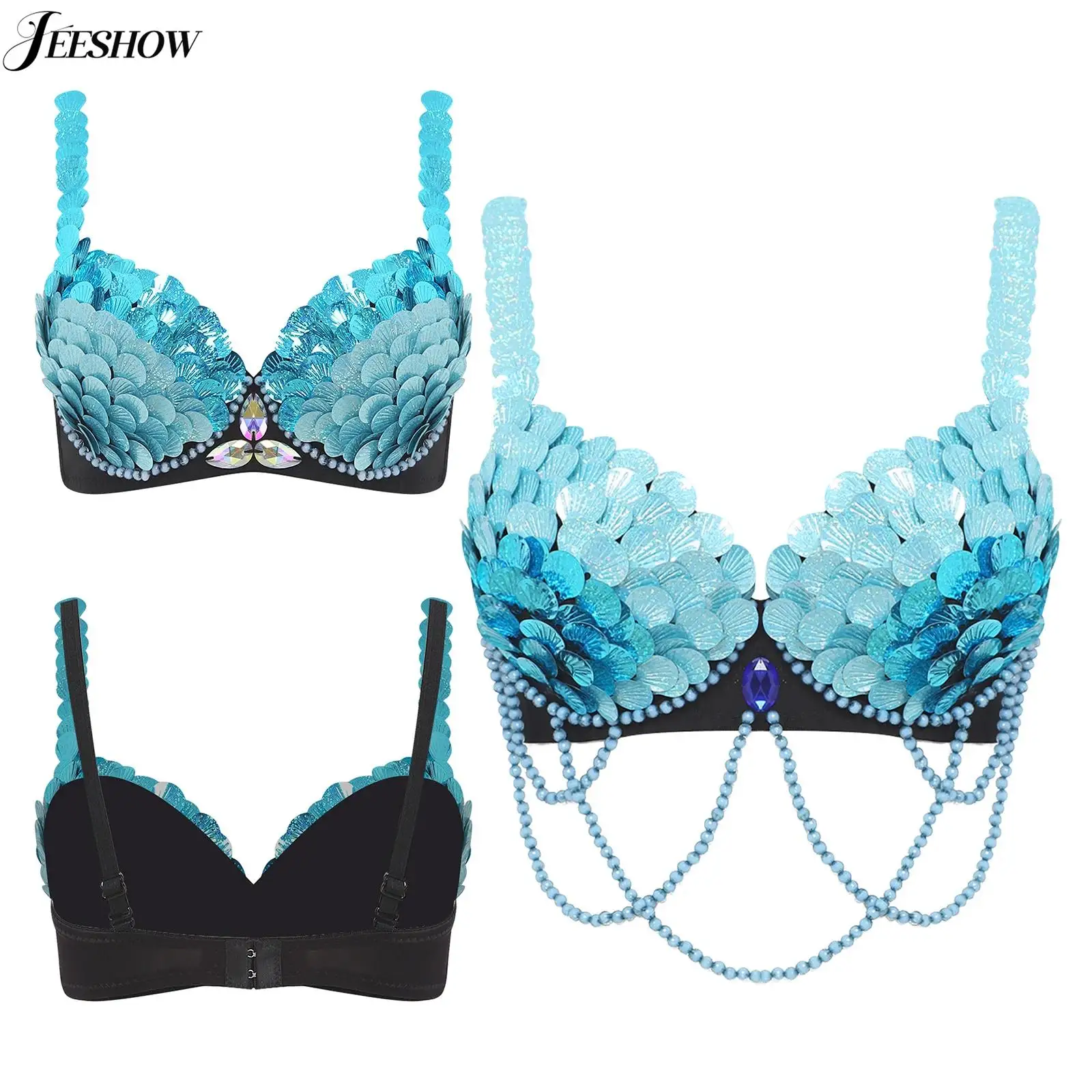 

Женский бюстгальтер для восточных танцев с блестящими пайетками в форме рыбьей чешуи, на косточках, для костюма русалки, пуш-ап, для клубной одежды