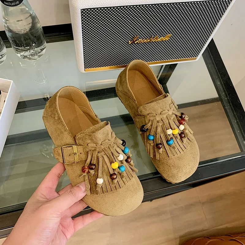 

Cow Suede Round Toe Flats Spring/autumn New Slip-on 2025 Fashion Ladies Shoes Buckle Tassel Ethnic Novelty Women's Shoes