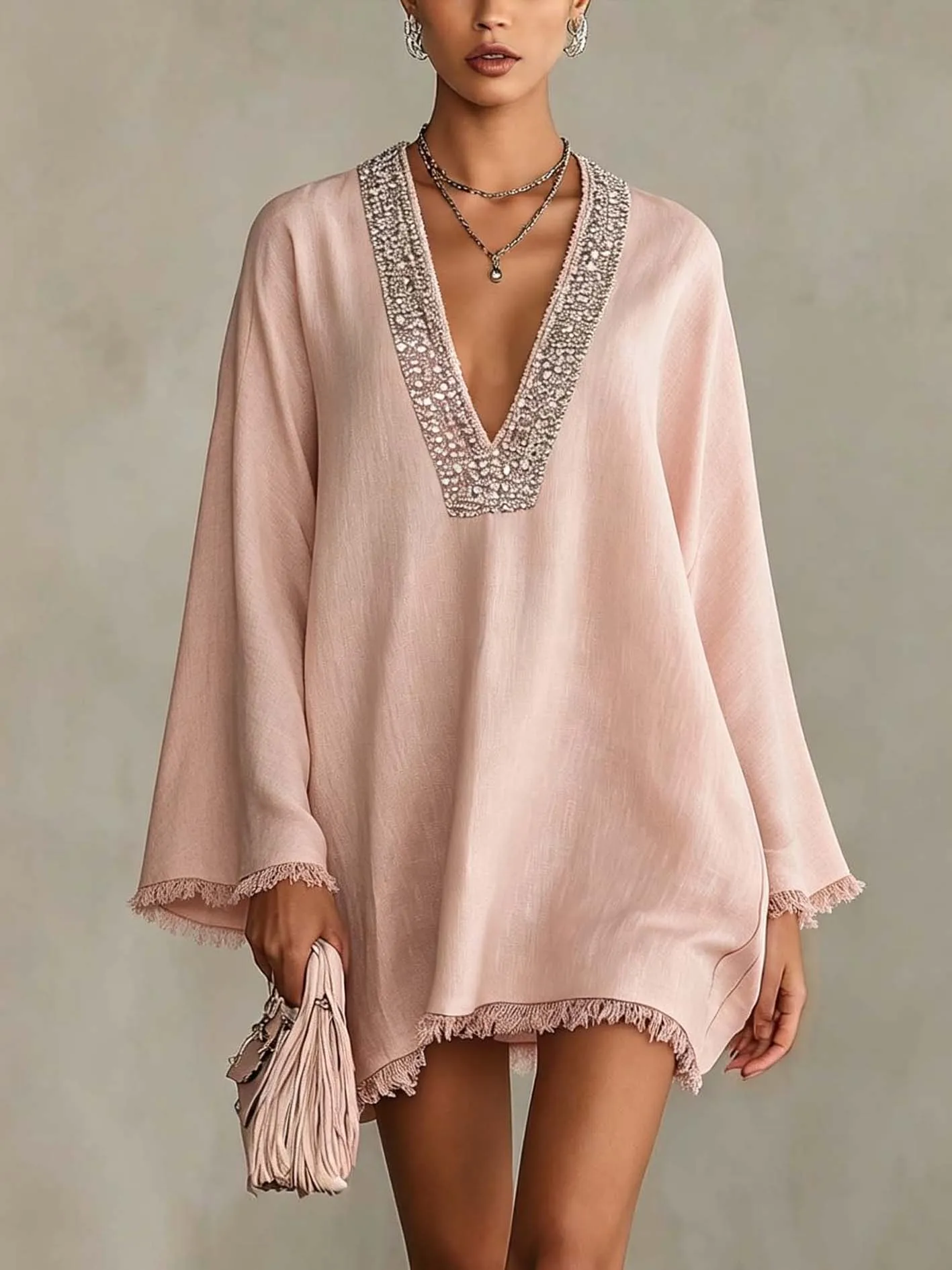 Women Women Linen Mini Dress Rhinestone Trim V‑Neck Fringe Hem Flare Sleeve Loose Dresses Elegant Casual Short Party Evening Dress - Aliexpress Deal