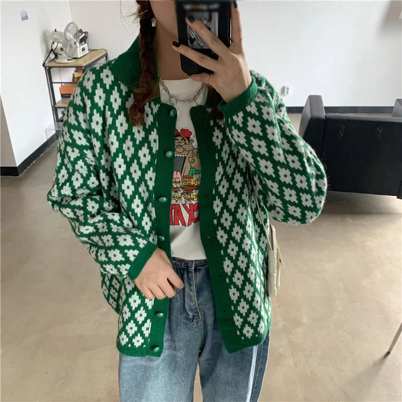 

Women Autumn Casual Knitted Retro Print Cardigan Tops Female Long Sleeve Lapel Single Breasted Sweater Cardigans Plus Size 2XL