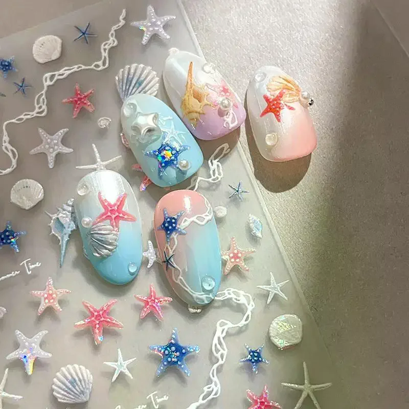 สติกเกอร์ติดเล็บลายเปลือกหอยทะเล 5D 1 แผ่น สติกเกอร์เล็บลายปลาดาวนูนเงา ตกแต่งเล็บลายทะเลชายหาดฤดูร้อน