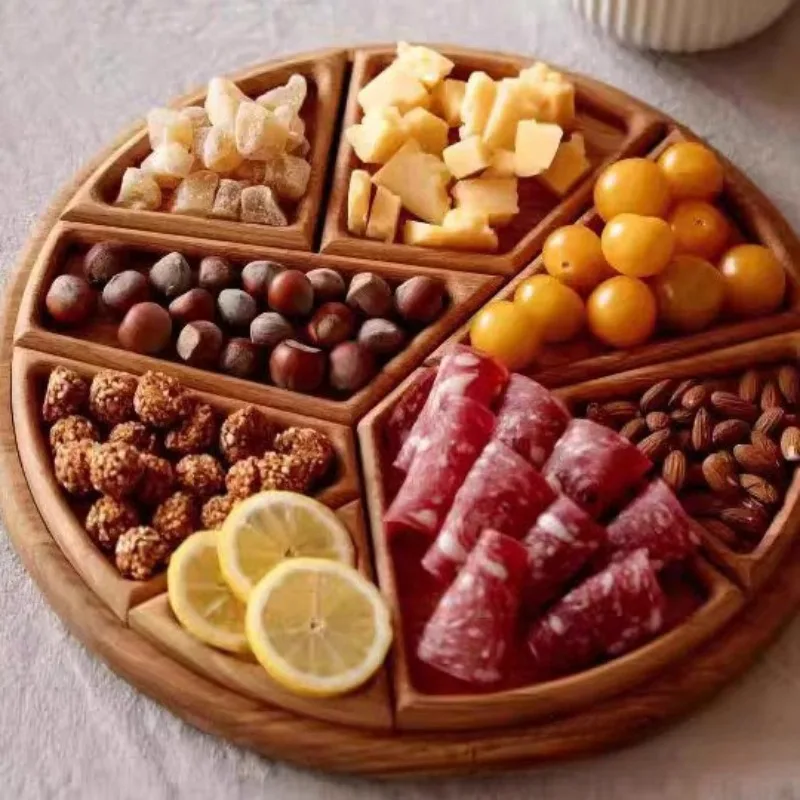 Divided Wood Serving Tray Rustic Charcuterie Board with Handles for Cheese Breakfast Snacks Creative Kitchen Dining Platter