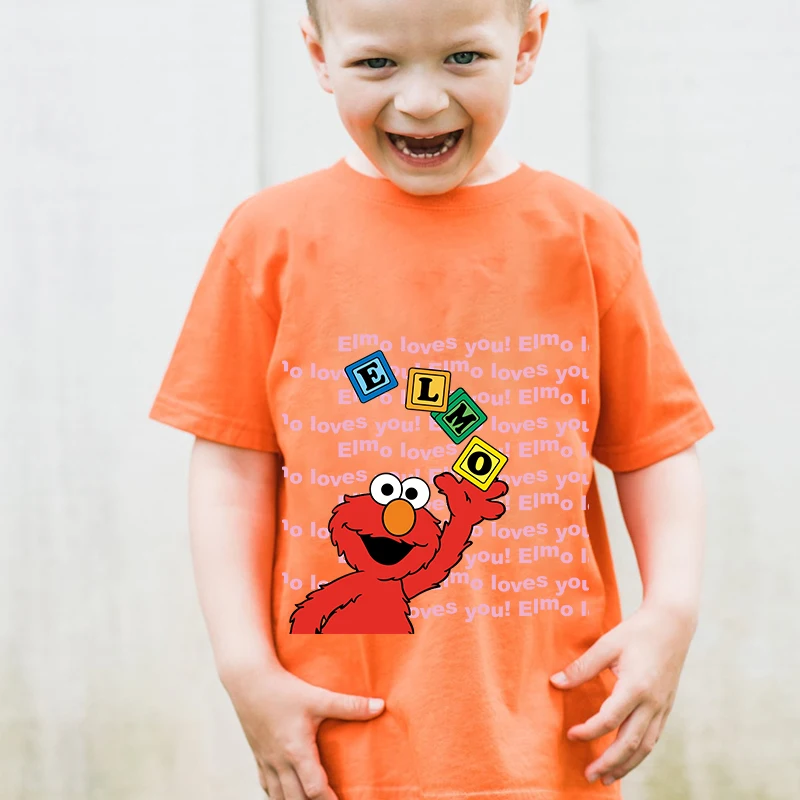 Sesame Street Printed Kids T-shirt Summer Children's Cotton Short Sleeve Orange Casual Top Suitable for Boys and Girls