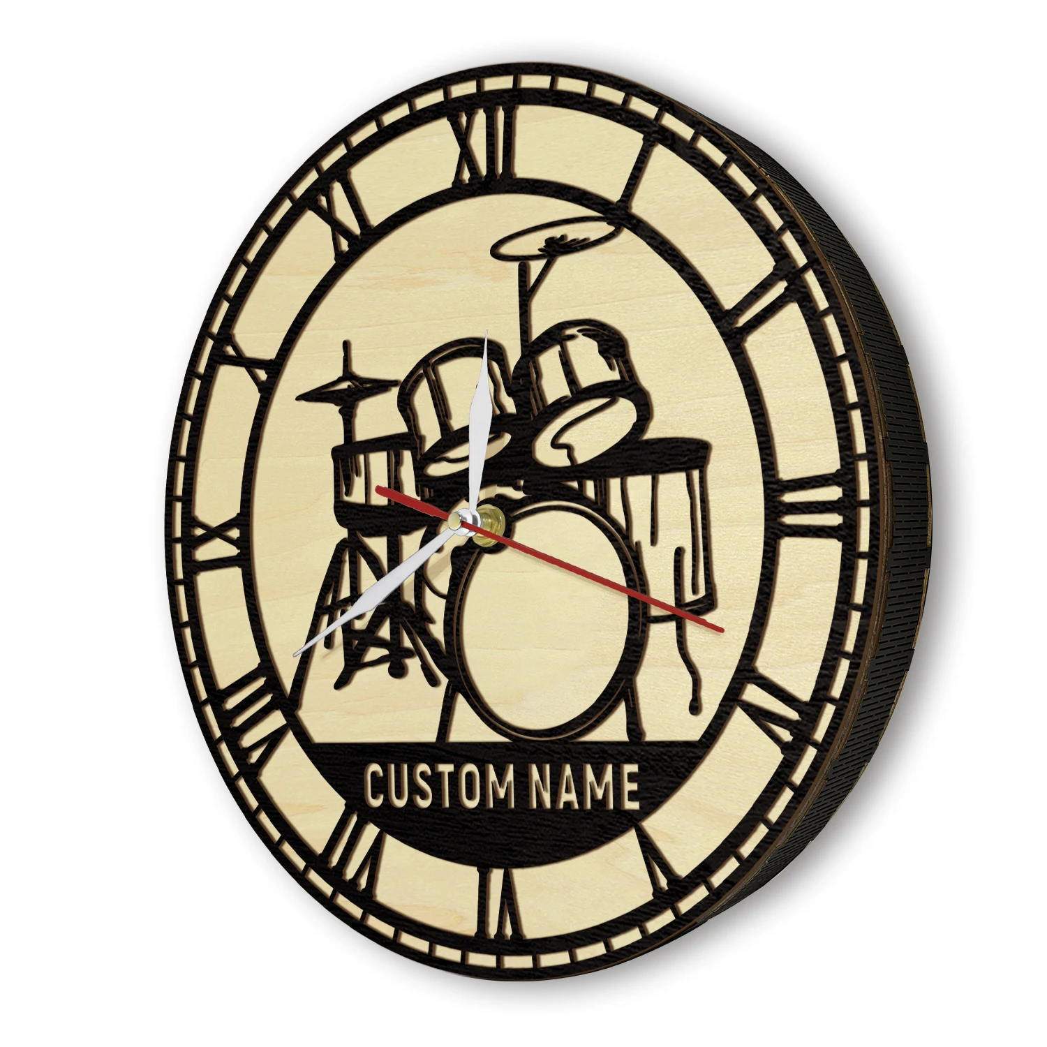 Drum Set Wooden Frame Wall Clock For Rock Band Music Studio Home Decor Watch Personalised Drummer Gift Wood Living Hinger Clock