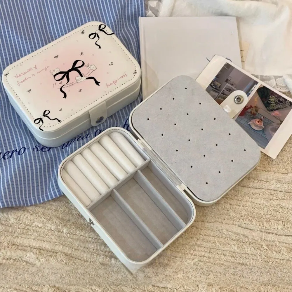 

New Portable Bowknot Jewelry Storage Case Cat Cartoon Jewelry Box Square Design Multi-layer Necklace Organizer Bracelet Storage